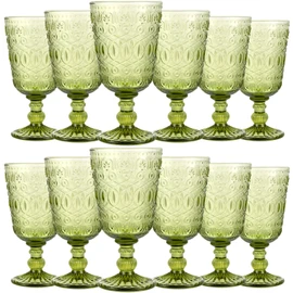 Eaasty Wine Glasses Set of 12 Vintage Goblet 9 oz Vintage Colored Glass Goblet Beverage Stemmed Glass Cups Romantic Embossed Glassware for Wedding Party Holidays Anniversary (Green)