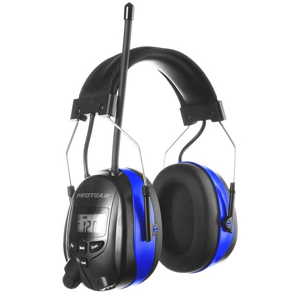 PROTEAR Ear Defenders with Radio and Bluetooth, Rechargeable FM AM Radio, Built-in Microphone for Industry, Construction and Mowing, Noise Reduction, SNR 30 dB Blue