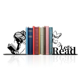 Metal Girl Reading Book Bookends，Lets Read Bookends for Shelves Bookshelf Decorative Objects Home Office Desk Bookshelf Decor Nice Gift for Women (Black)