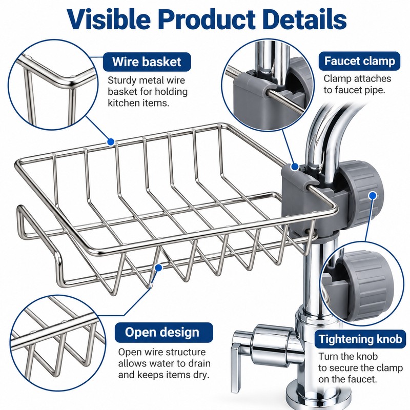 Kitchen Sink Faucet Organizer with Sponge Holder, Drain Rack and