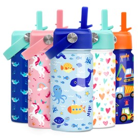 Kids Water Bottle with Straw Lid - 12 Oz Insulated Stainless Steel Ocean Water Bottles for Toddlers Kid Boys - Travel Cup for School Sports
