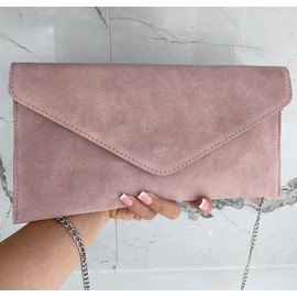 LeahWard Wrist Strap Genuine Italian Suede Leather Envelope Clutch Bags Party Wedding Purse Handbag Cross Body Bag CW01 (Pink)