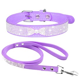 Haoyueer Cute Dazzling Sparkling Elegant Fancy Soft Suede Leather Bling Rhinestone Crystal Jeweled Pet Cat Dog Puppy Collar Dog Leash Combo Set (XS, Purple-4)