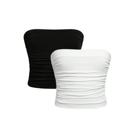 Milumia Girl's 2 Pack Tube Top Ruched Strapless Going Out Basic Bandeau Tops Black and White 8 Years
