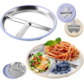 Non-Slip Stainless Steel Children's Plate, 2 Stainless Steel Baby Suction Cup Plates, Split Toddler Plate for Babies, Non-Slip Baby Plate with Three Compartments, Stainless Toddler Plate, BPA-Free