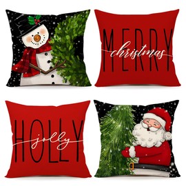 4TH Emotion Red Black Christmas Pillow Covers 20x20 Set of 4 Farmhouse Xmas Decorations Snowman Wreath Santa Claus Tree Holly Jolly Winter Holiday Decor Throw Cushion Case for Home Couch S24C27-20