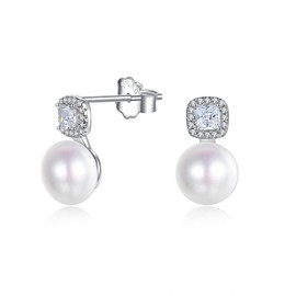 Women's 925 Silver Earrings Freshwater Pearl Stud Earrings with AAA+ Cubic Zirconia, Elegant Fashion Jewellery for Women, Sterling Silver