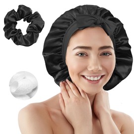 Simnice Premium Mulberry Silk Bonnet for Sleeping Women Girls, Large Double-Layer Silk Bonnet with Soft Elastic Band, Non-Slip Turban Adjustable Night Hair Cover for Sleeping, Black