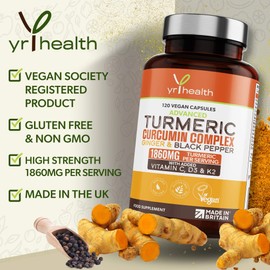 Turmeric Capsules High Strength 1860mg with Black Pepper, Ginger, Vitamin C & D for Immune System & Joints Plus K2 Mk7-120 Vegan Capsules Premium Turmeric Curcumin – Made in The UK by YrHealth
