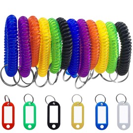 SENHAI 12 piezas Pulsera Llaveros & 6 piezas Etiquetas clave, Estiramiento de la bobina de plástico Elástico de la primavera Pulsera espiral Anillo para Gym Pool ID Insignia