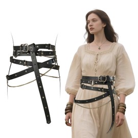 Renaissance Belt Women Pirate Medieval Ren Faire Adjustable PU Leather Chain Belt for LARP Black