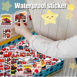 100Pcs Kids Fire Truck Stickers, Cute Cartoon Fire Fighting Engine Vehicles Vinyl Waterproof Decals for Kindergarten Birthday Gift Classroom Fire Party Favors