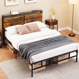 Alkmaar 15.6in Metal Queen Size Platform Bed Frame with Storage Bedside, Rustic Vintage Wood Headboard, Mattress Foundation, Strong Metal Slats Support, No Box Spring Needed