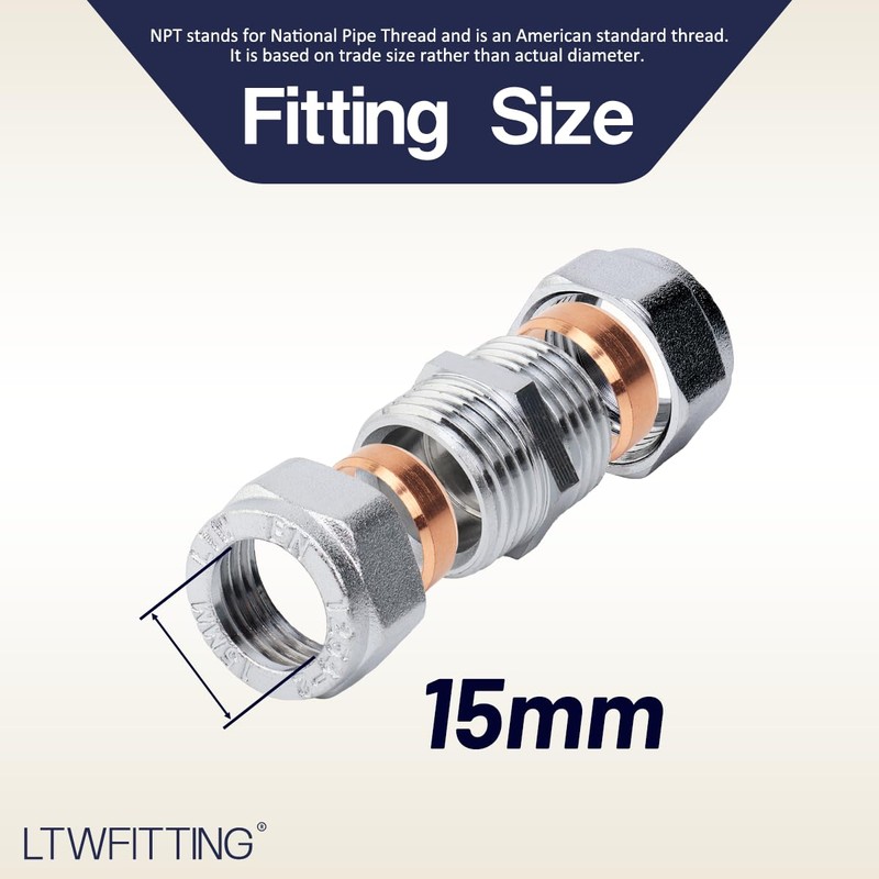 LTWFITTING Chrome-plated 15 mm OD Compression Union Brass Compression Fitting