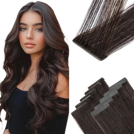 TESS Injection Tape In Hair Extensions Human Hair Invisible Injected Tape Seamless Real Hair Straight 10 Pcs 25G - #1B Natural Black - 20 Inch