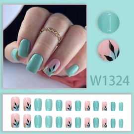 Green Nude Press on Coffin Nails Medium Length Fake Nails DIY Full Cover Leaves Gold Foil Stick on Nails French Tips Square False Nails with Designs Acrylic Nails Tips for Women Girls 24Pcs