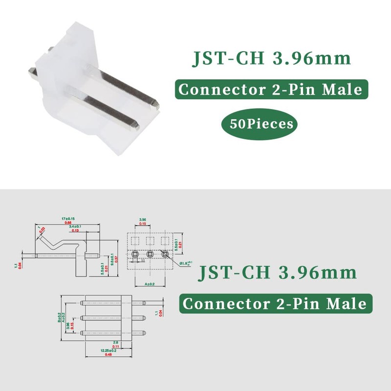 pzsmocn 200Pcs/50Sets JST CH 3.96mm Pitch 2 Pin Female Shell
