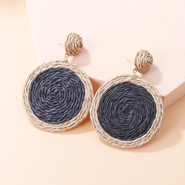 Bohemian Statement Round Raffia Earrings for Women Handwoven Summer Beach Earrings Boho Raffia Drop Dangle Earring Hawaiian Beach Charm Jewelry (Black)