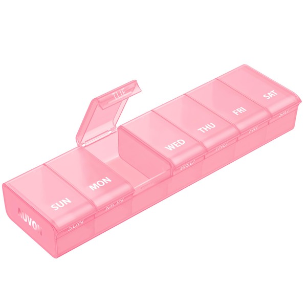 AUVON - Organizador semanal de píldoras rosa XL con diseño de apertura sin esfuerzo, caja de píldoras amigable con la artritis, organizador de píldoras sin BPA 7 días, lindo y portátil para vitaminas,