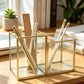 JIARI Glass Pen Holder Cup for Desk, Pencil Cup Holder, Square 2 Slots Gold Brass Frame Glass Pen Cup for Desk Office Pen Organizer (Gold-A40)