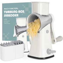 X Home 5-in-1 Rotary Cheese Grater w/ Handle, Manual Hand Crank Cheese Shredder, White