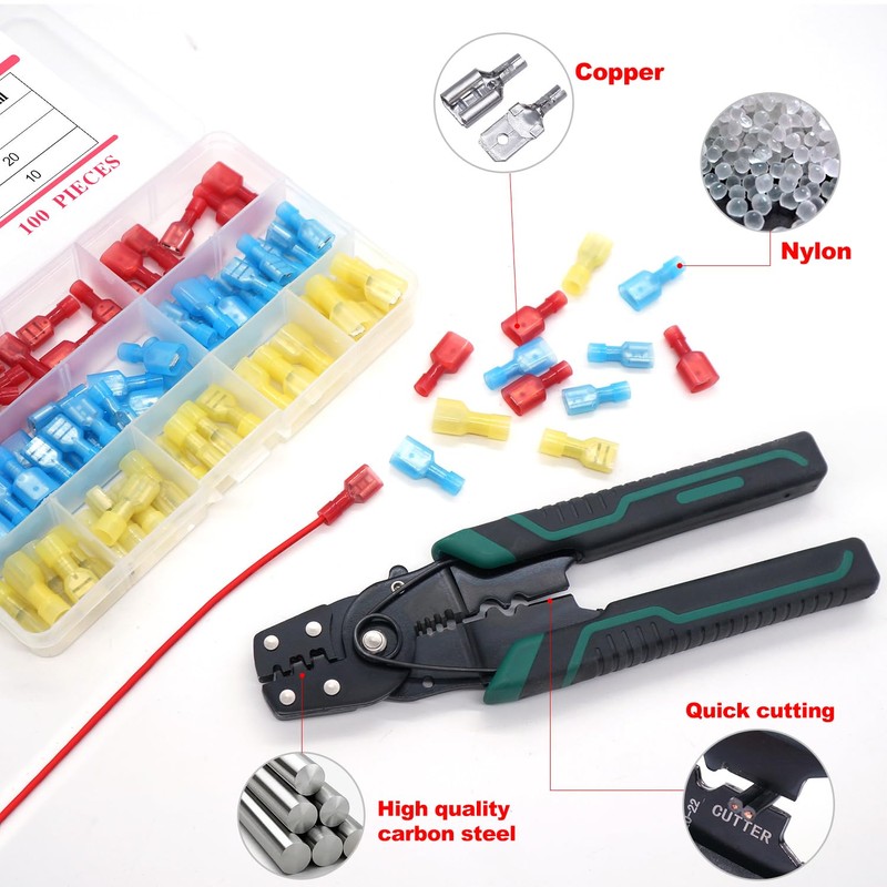 Twidec/100PCS Nylon Spade Connectors Kit 22-10 Gauge Quick Disconnect Fully
