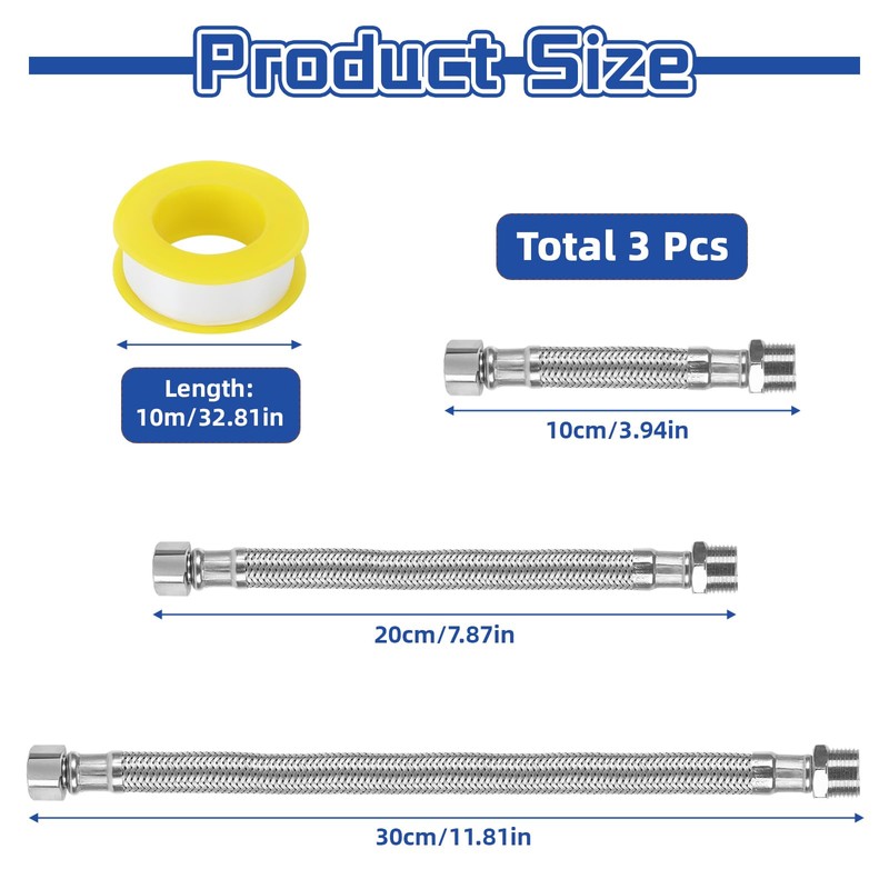 3 pieces flexible hose 3/8, 304 stainless steel reinforced hose,