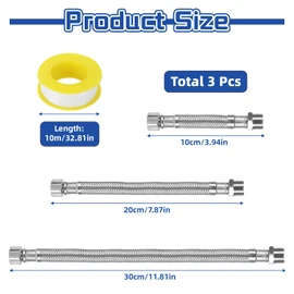 3 pieces flexible hose 3/8, 304 stainless steel reinforced hose, 30 cm, 20 cm, 10 cm flexible connection hose fitting, water connection extension for tap, angle valve, water heater
