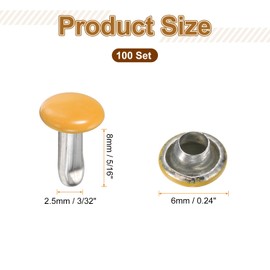 HARFINGTON 100 Sets Double Cap Leather Rivets, 6x8mm Round Cap Tubular Metal Studs Leather Crafting Rivets for Fabric Belt Pet Collar Boot Bag Repair and Decoration, Yellow