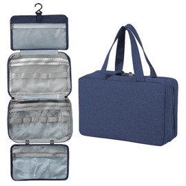 Hanging Travel Wash Bag, Foldable Wash Bag, Large Storage Space, Waterproof Makeup Cosmetic Organiser with Hooks & Multiple Compartments, Toiletry Bag for Men and Women with Travel Accessories, navy