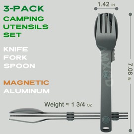 Magnetic Camping Utensils Set, Knife, Fork & Spoon Cutlery Set, Portable & Reusable Metal Aluminum Travel Flatware, Gray
