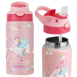 flintronic 350ml/12oz Kids Water Bottle Stainless Steel with Straw, Vacuum Insulated Water Bottles, BPA Free, Flip Sports Water Bottle,Metal Leakproof Small Flask for Boys Girls Toddler Children