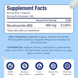 Vitamina B3 Nicotinamida 500 mg Cápsulas | Precursor NAD+ y longevidad con forma de nicotinamida de vitamina B3 Niacina Flush Free para el envejecimie