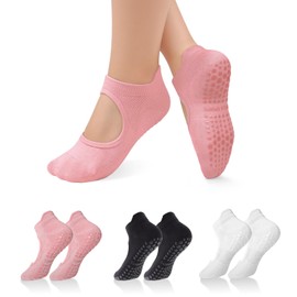 Bosaen 3 Pairs Grip Socks Pilates, Yoga Socks for Women Non-Slip with Top Hollow and Tail Heightened Design, Ideal for Pilates, Barre, Ballet, Dance, Barefoot Workout (One Size)
