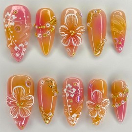 Medium Press on Nails Almond Fake Nails Cute Flower False Nails with Design Full Cover Spring Glue on Nails Reusable Gold Pearl Acrylic Nails Summer Floral Stick on Nails for Women DIY Manicure 24pcs