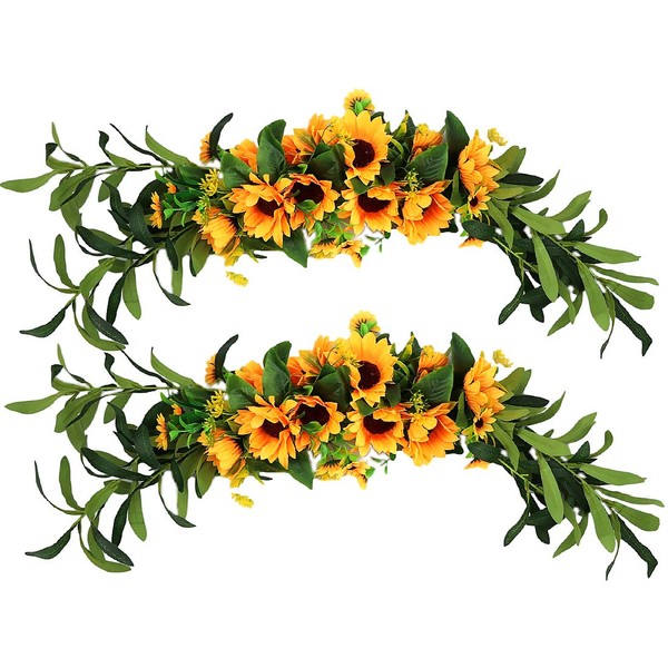 MINYULUA 2PCS Artificial Sunflower Swag Silk Handmade Swag Flowers 27.55 Inch Decorative Floral Swag with Greenery Leaves and Ribbon for Table Home Office Wedding Arch Party Decor,Yellow