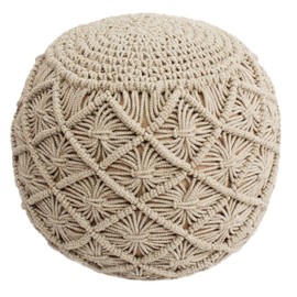 COTTON CRAFT Macrame Braided Pouf - Knitted Cotton Cord Comfortable Round Dori Pouf - Prefilled Ottoman Footrest Bean Bag - Stuffed Boho Moroccan Accent Seating - Bedroom Dorm - 20 x 14 - Natural