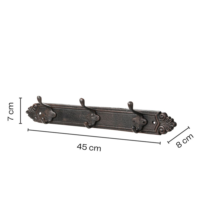 Annastore Solid Cast Iron Hook Rack 3 Hooks L 45