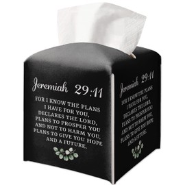 Christian Decorative Tissue Box Cover Square, Black Tissue Box Cover Leather, Bible Verse Gift Ideas for Friends, for I Know The Plans I Have for You, Bathroom Decor-(5.2 Inches) A15