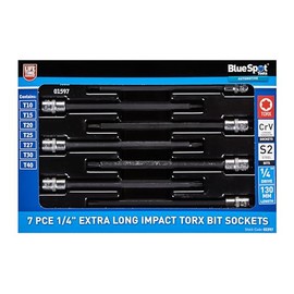 Blue Spot Tools Impact Extra Long Torx T Star Bit Socket Set, TRX Sockets, 7 Piece, 1/4-Inch Drive, T10-T40, S2 Steel, 130 mm
