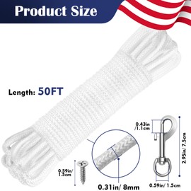Anglekai 50Ft Flag Pole Rope Kit, 0.31 in/ 8 mm Flag Rope and Clips Kit Replacement Flag Pole Halyard Nylon Rope 4PCS Swivel Snap Clips/Cleat Hook (50FT)