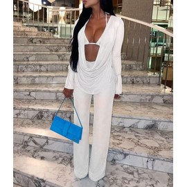 EDITCOZY Women Mesh Sheer 3pcs Outfits Long Sleeve Top Long Pant Bikini Cover Up White S