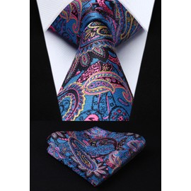 Hisdern Men's Paisley Floral Jacquard Waistcoat&Necktie and Pocket Square Vest Suit Set, Blue & Pink, L(Chest 46inch)