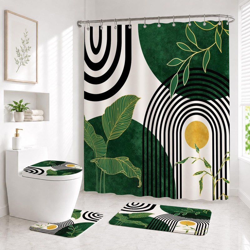 4Pcs Green Bathroom Sets with Shower Curtain and Rugs, Mid