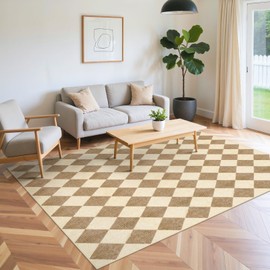 LIVEBOX Washable Rugs for Living Room 5x7, Brown Checkered Diamond Rug Non-Slip Modern Neutral Geometric Plaid Rugs for Bedroom, Low Pile Area Rug for Dining Room Kids Room Classroom