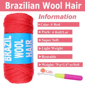 COOKOO 4 Rollr Red Brazilian Wool Hair Acrylic Yarn for African Crochet Hair Jumbo Braid Senegalese Twisting Knitting Hair Braids Faux locs Spiral Corkscrews Braids Twist Wraps 70G/Roll(Red#)