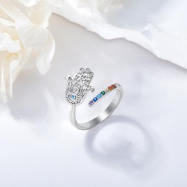 KoyeKei Hamsa Chakra Rings 925 Sterling Silver Hamsa Hand Chakra Adjustable Open Ring Hand of Fatima Jewelry Christmas Gifts for Women