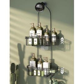 WXCGX Hanging Shower Caddy Over Shower Head: Height Adjustable Large Shower Organizer with Soap Holder - Stainless Rustproof Bathroom Shelf Shampoo Storage Rack with Hooks for Razor Sponge - Black