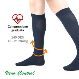 VENO CONTROL Unisex Adult Elastic Knee Highs, 140 Den, Graduated Compression 18-21 mmHg, Made in Italy, from 36 to 46, White, Blue, Grey, Black, Brown, blue, 32