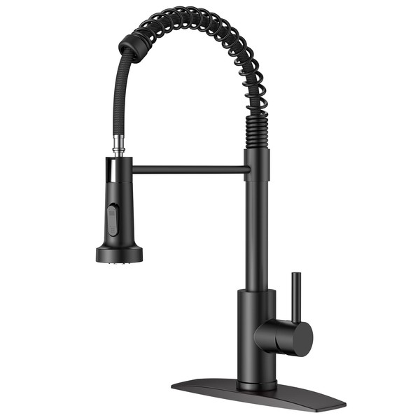 FORIOUS Black Kitchen Faucet with Pull Down Sprayer, Single Handle Pull Out Kitchen Sink Faucets, Commercial Modern Spring Stainless Steel Sink Faucets 1 Hole Or 3 Hole for Utility rv, Matte Black